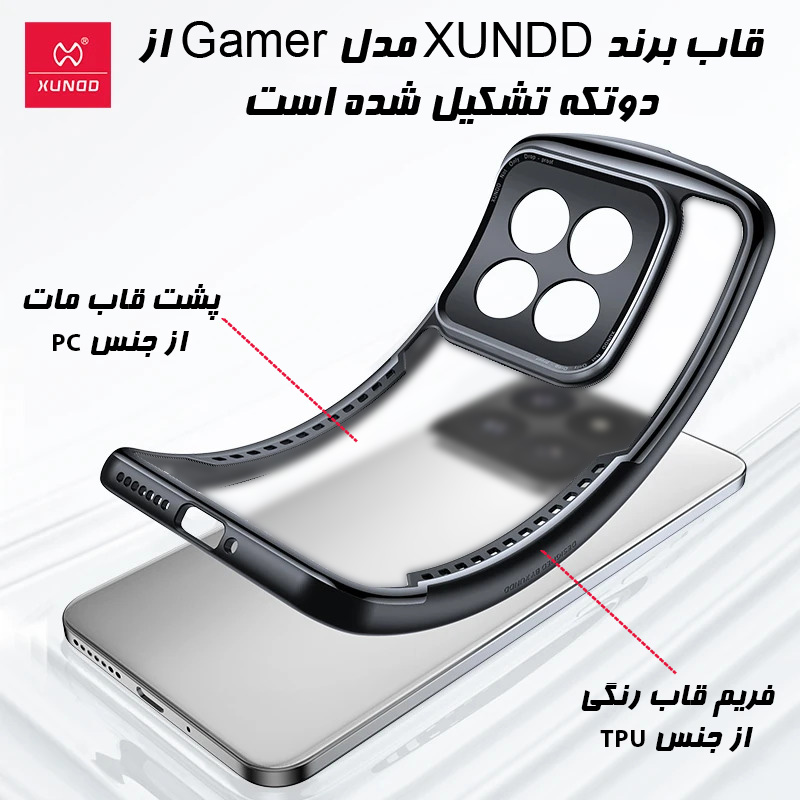 قاب برند XUNDD مدل Gamer Series از دو تیکه تشکیل شده است: پشت قاب از جنس PC شفاف، فریم از جنس TPU
