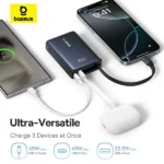 پاوربانک بیسوس 45W ظرفیت 10000 میلی آمپر مدل PPPG-1W45C قابلیت شارژ همزمان سه دستگاه را دارد